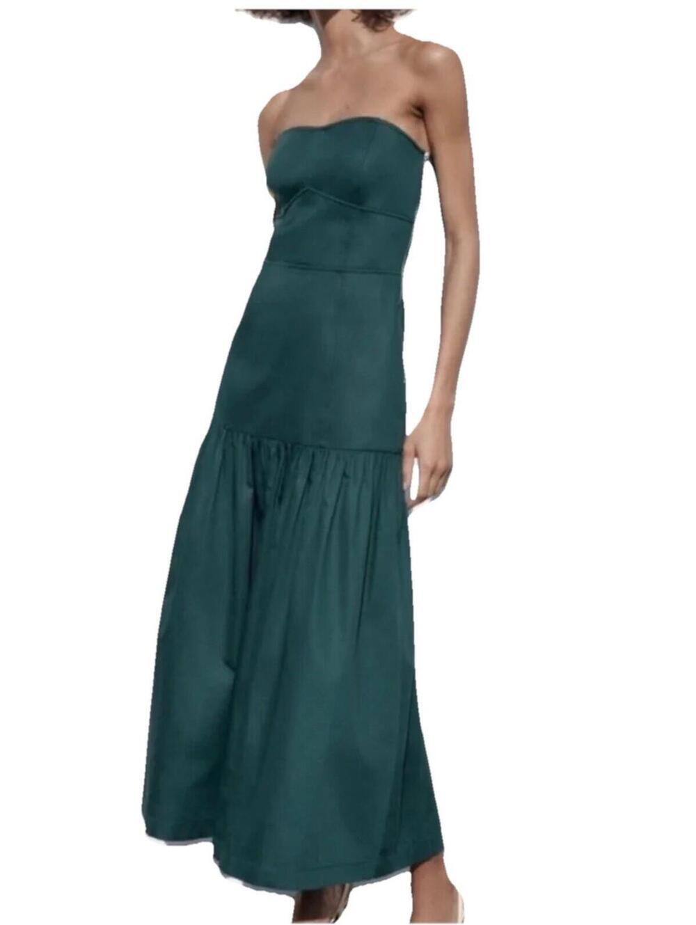 New ZARA Topstitched Emerald Green Strapless Maxi Dress Size Small